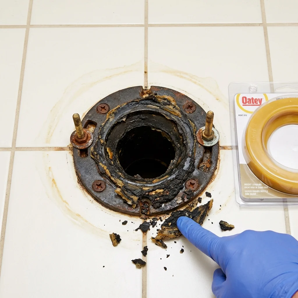 Failed wax ring showing water seepage at the base of a toilet in a Pittsburg, CA home